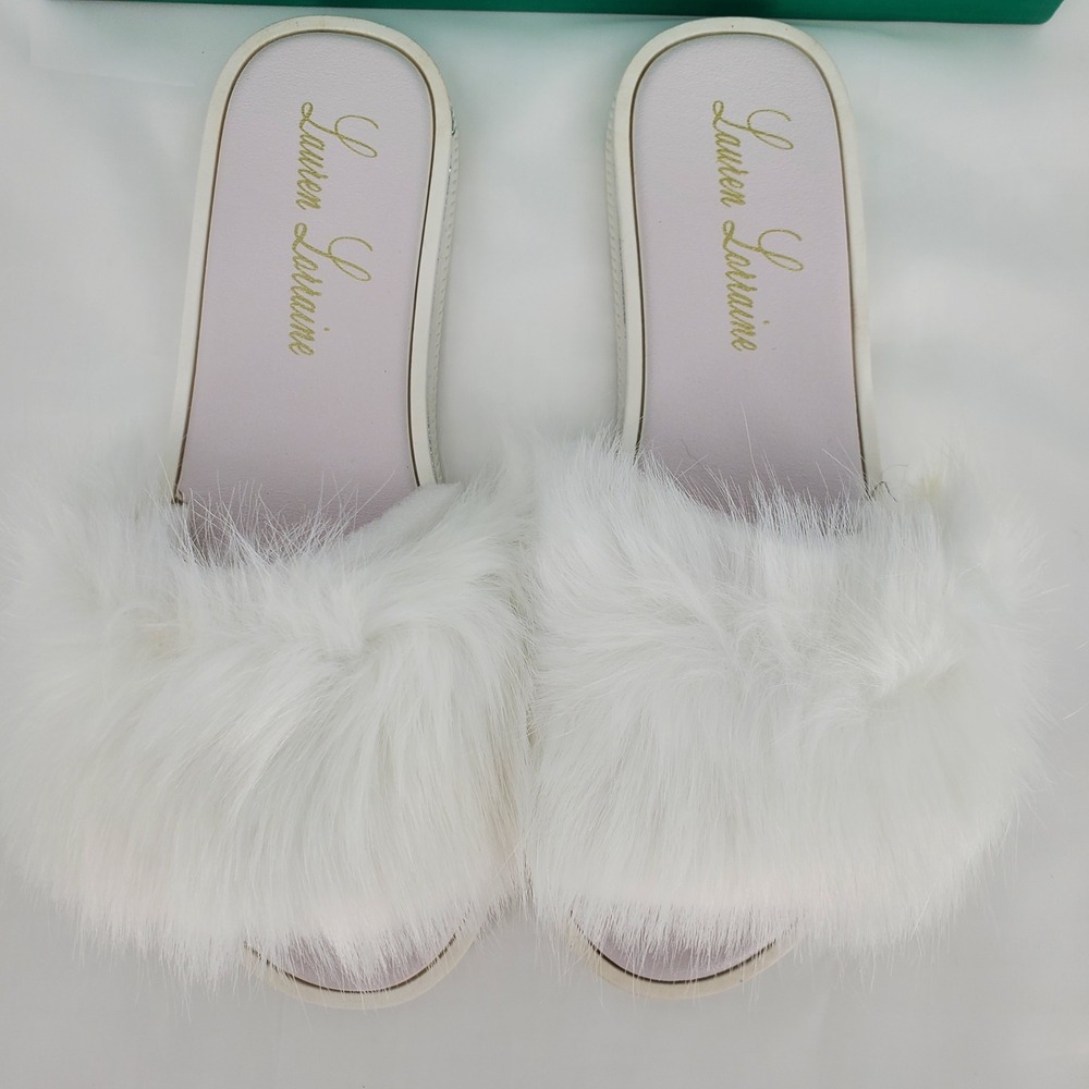 Lauren Lorraine White Fluffy Faux Fur Flat Sandal Glitter Trim Slides Size 8 New - Picture 3 of 6